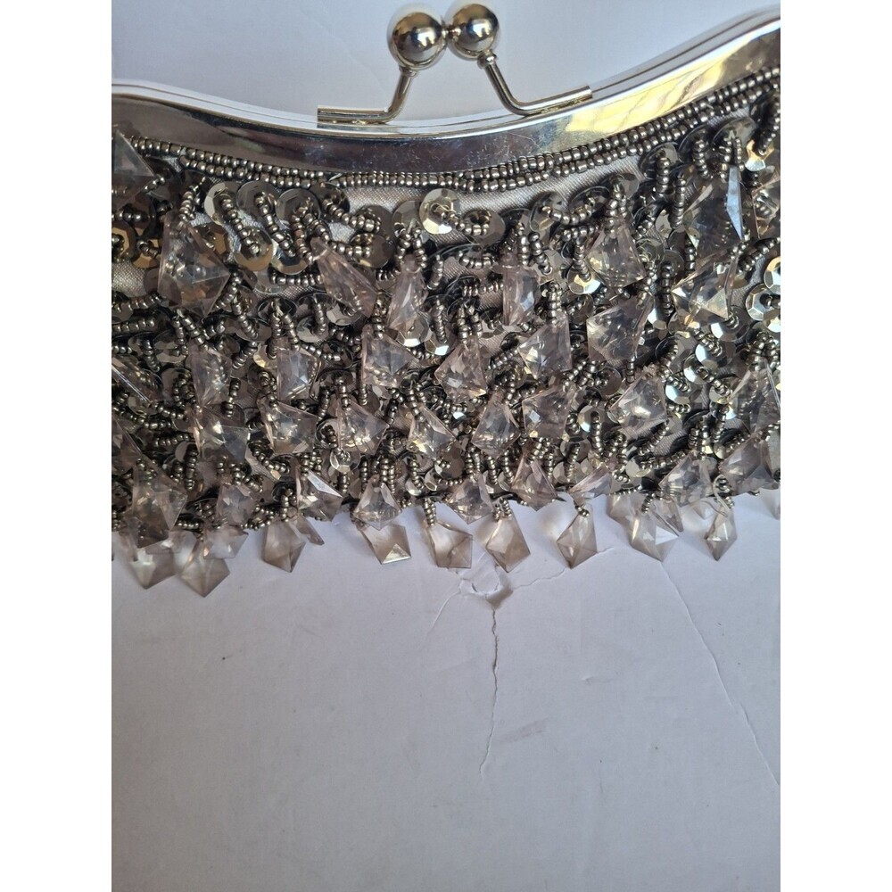 Vintage Mini Silver Beaded Evening Handbag Purse Special Occasion Prom Wedding - Picture 2 of 7